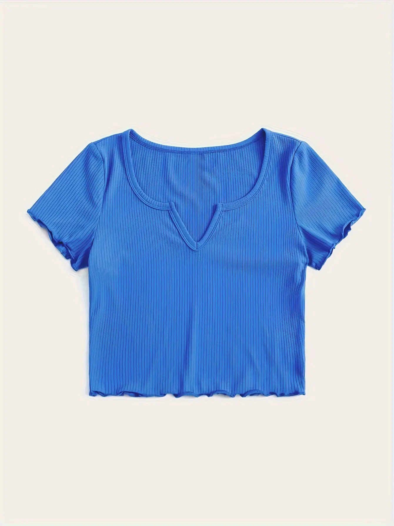 Notched Neck Lettuce Trim Crop T-shirt Casual Short Sleeve Crop Top For Spring & Summer Women's Clothing