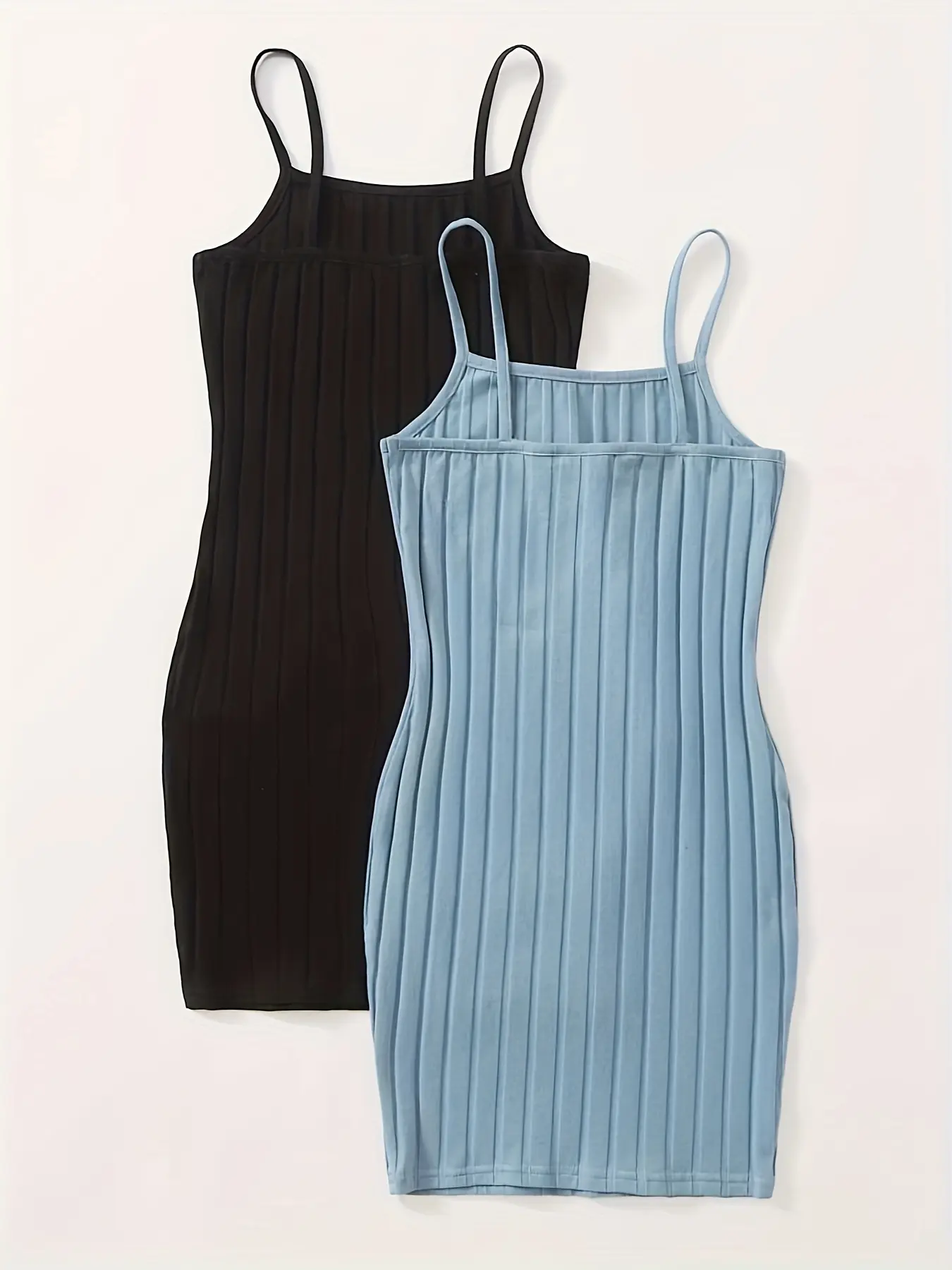 Solid Ribbed Cami Dress 2 Packs Casual Bodycon Spaghetti Strap MiniDress Women's Clothing
