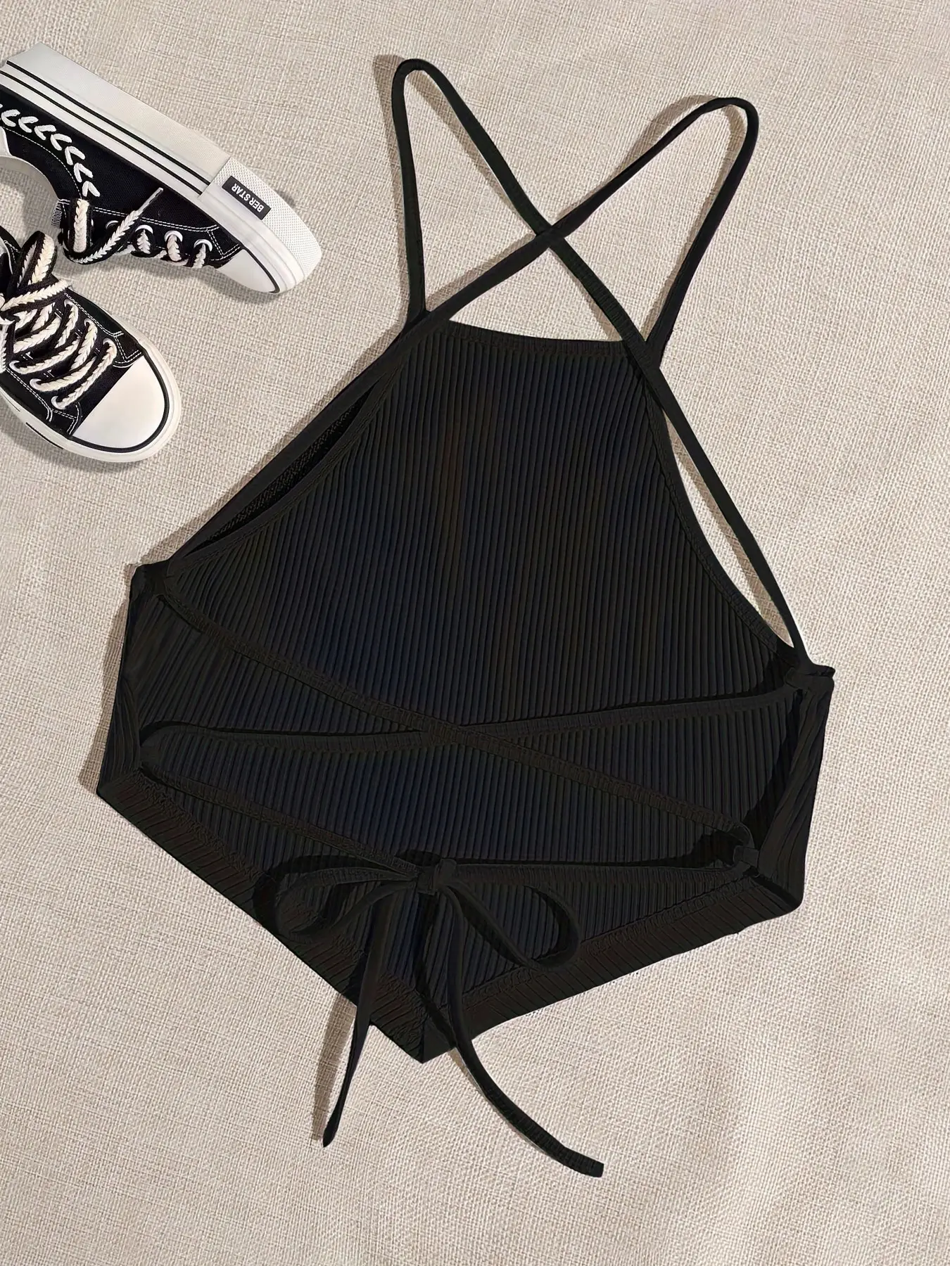 Elegant Cotton Knit Slingback Top with Crisscross Back Tie - Chic, Comfy t& Season Versatile