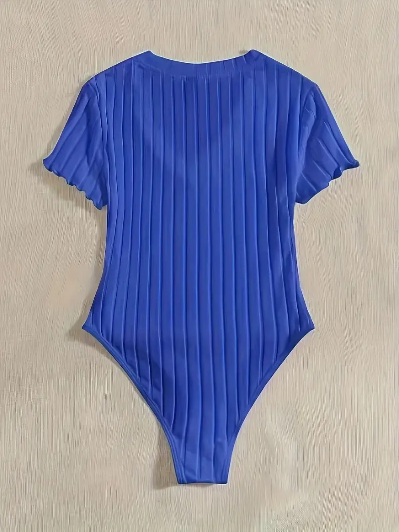 Elegant & Sexy Ribbed V-Neck Bodysuit with Lettuce Trim-Semi-Sheer Comfort Fit Easy Care - Perfect for Spring to Fall