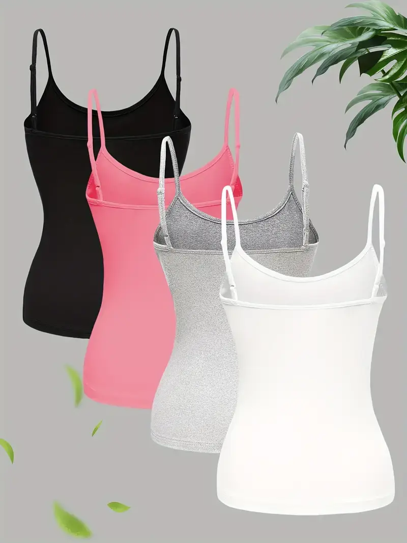 4 Pack Solid Color Cami Top Versatile Slim Backless Spaghetti strap Top For Summer Women's Clothing