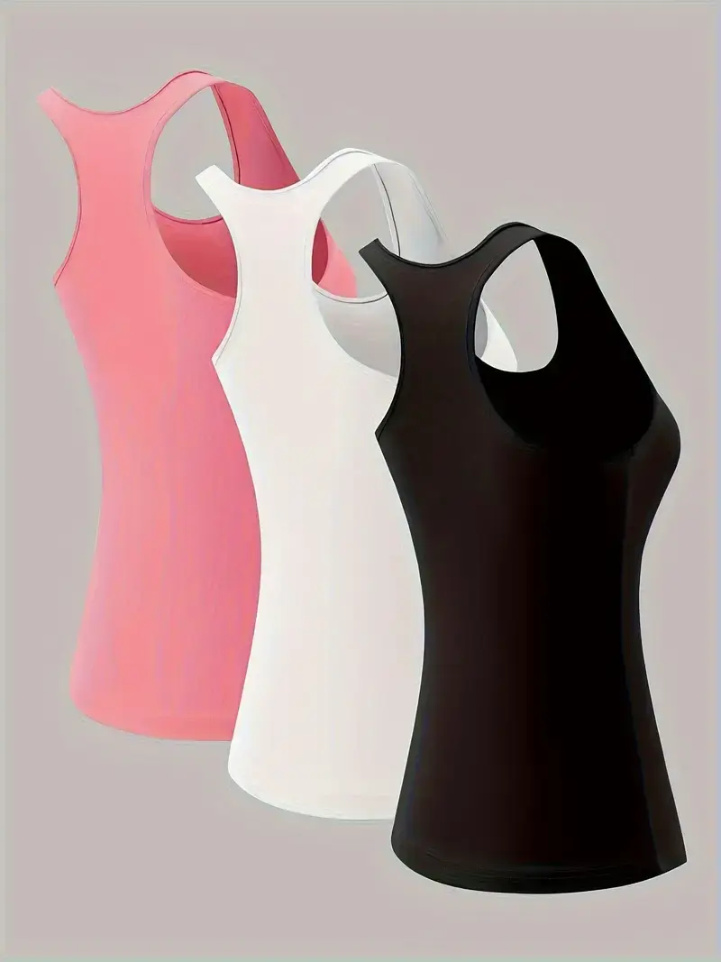 3 Pack Solid Color Crew Neck Tank Top, Casual Sleeveless Tank Top For Spring & Summer, Women's Clothing