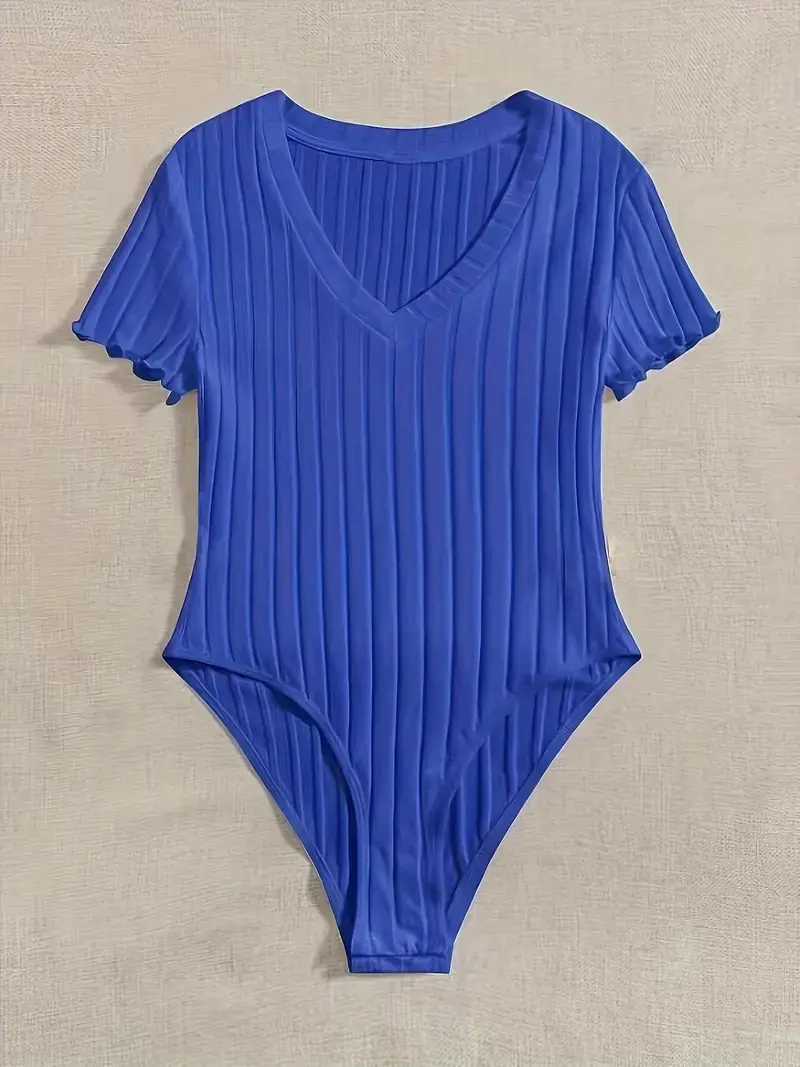 Elegant & Sexy Ribbed V-Neck Bodysuit with Lettuce Trim-Semi-Sheer Comfort Fit Easy Care - Perfect for Spring to Fall