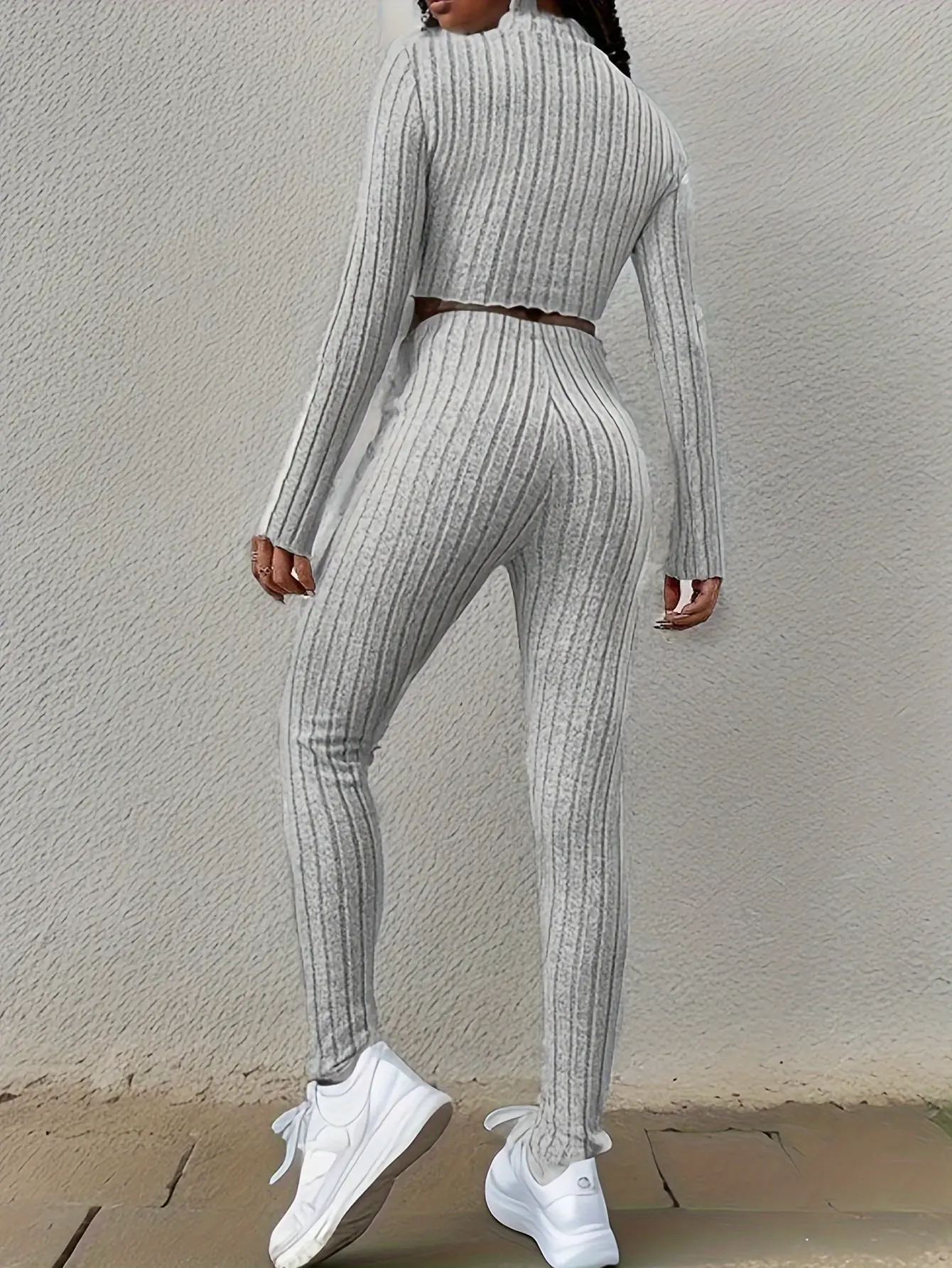Casual Ribbed Two-piece Set Lettuce Trim Mock Neck Long Sleeve Top & Elastic Waist Pants Outfits,Women's Clothing
