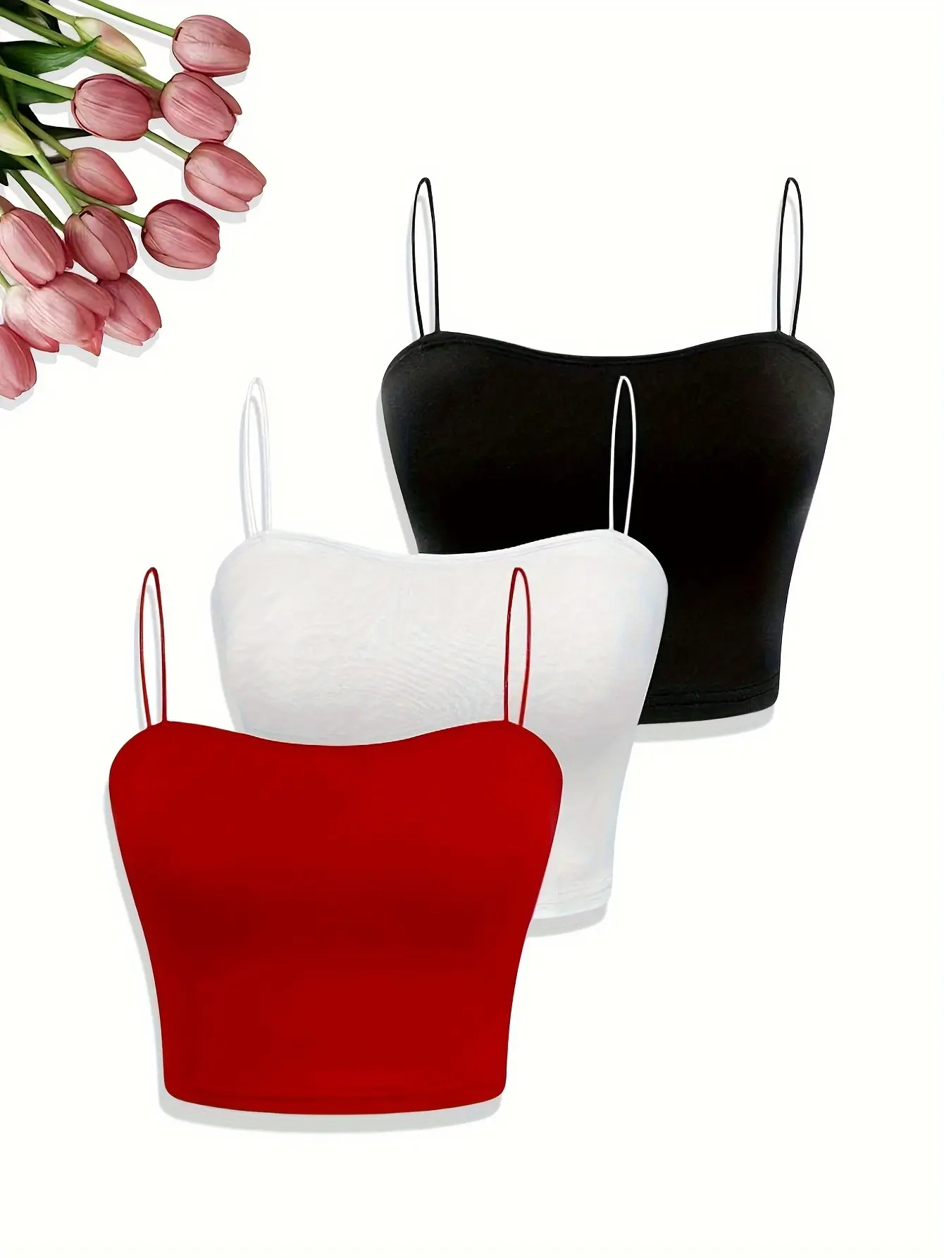 3 Pack Solid Color Crop Cami Top Versatile Slim Spaghetti Strap Top For Summer Women's Clothing