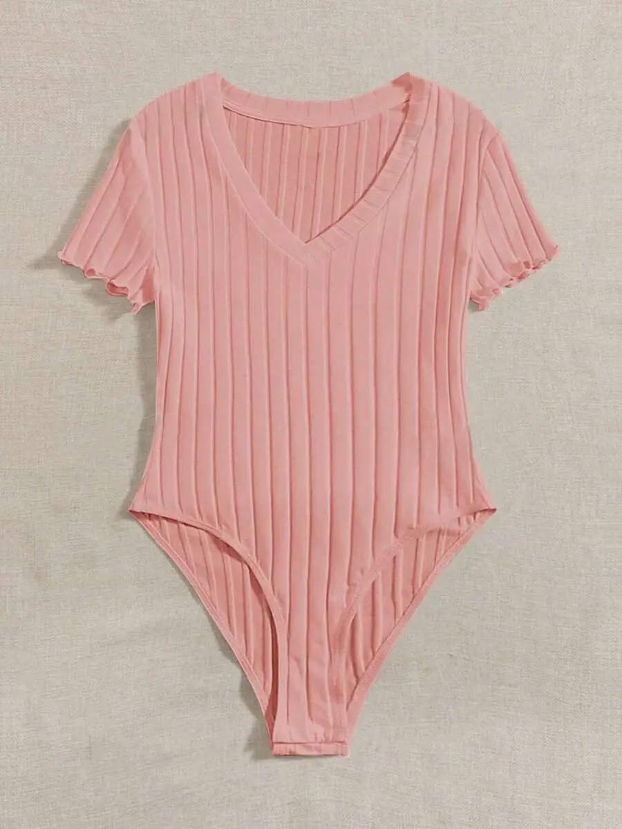 Ribbed V Neck Lettuce Trim Bodysuit Sexy Short Sleeve Slim Bodysuit For Spring & Summer Women's Clothing