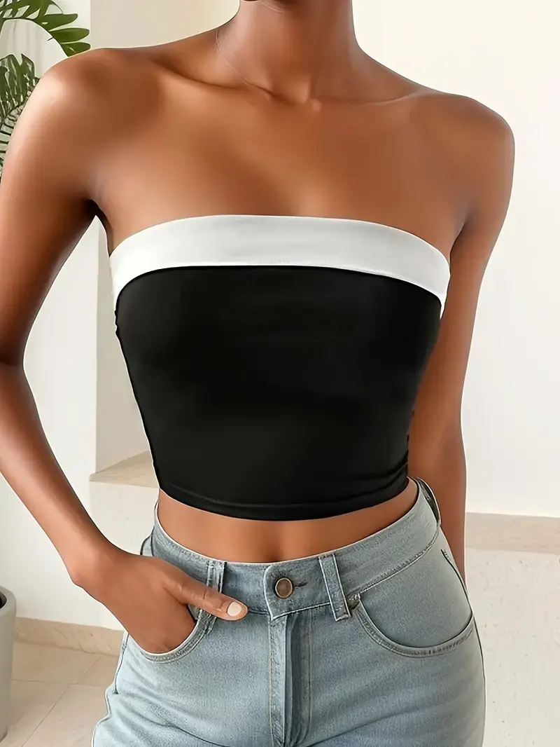 Color Block Crop Slim Tube Top Stylish Straight Neck Strapless Top For Summer Women's Clothing