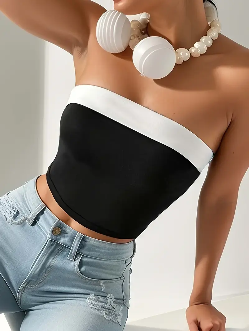 Color Block Crop Slim Tube Top Stylish Straight Neck Strapless Top For Summer Women's Clothing