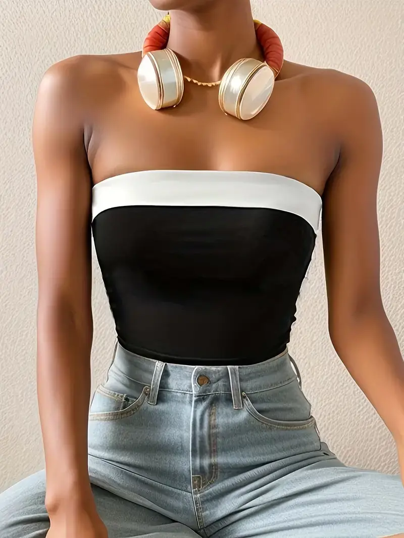 Color Block Crop Slim Tube Top Stylish Straight Neck Strapless Top For Summer Women's Clothing
