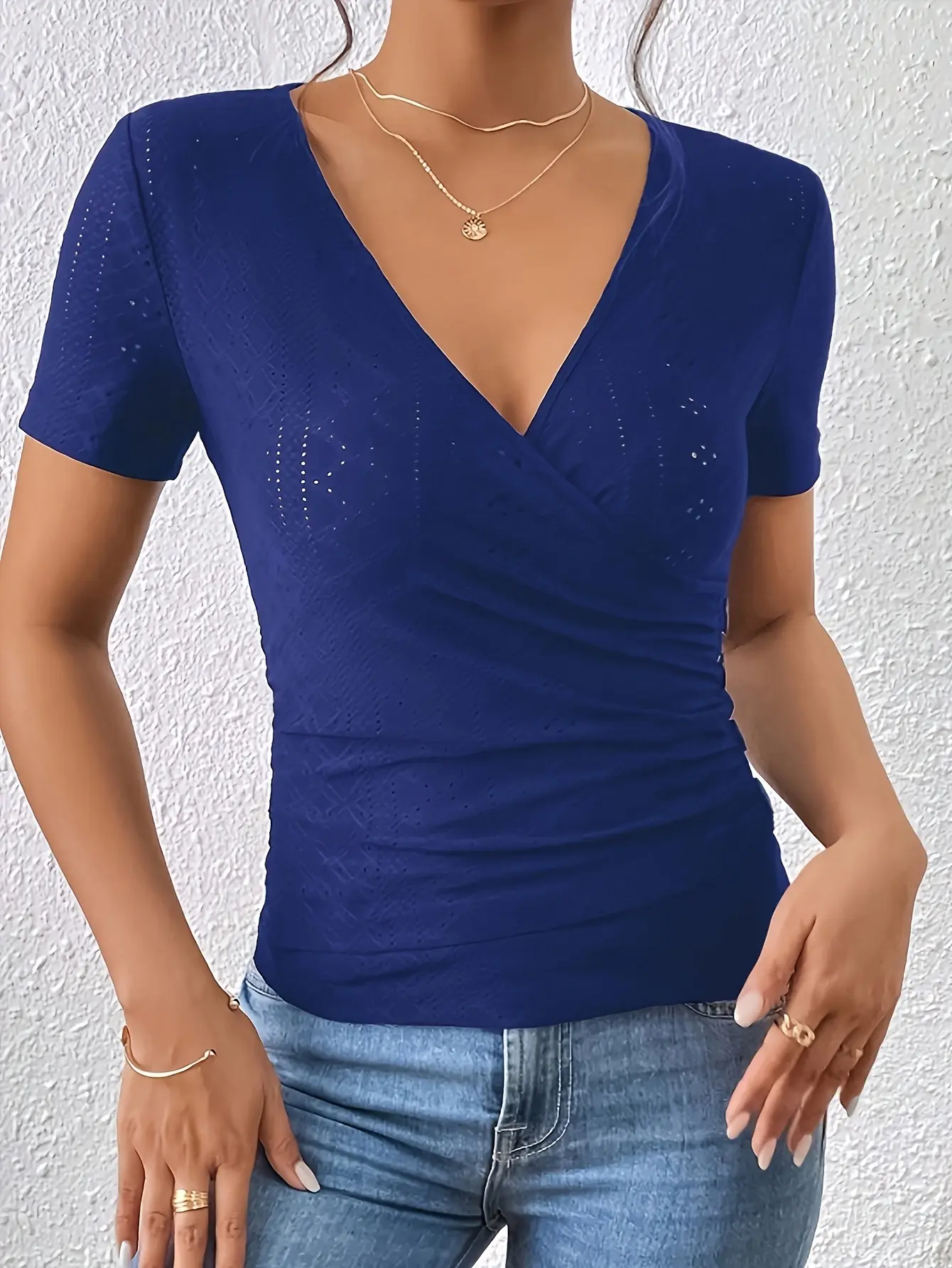 Solid Eyelet Button Decor T-Shirt Casual V-neck Short Sleeve T-Shirt For Spring & Summer Women's Clothing