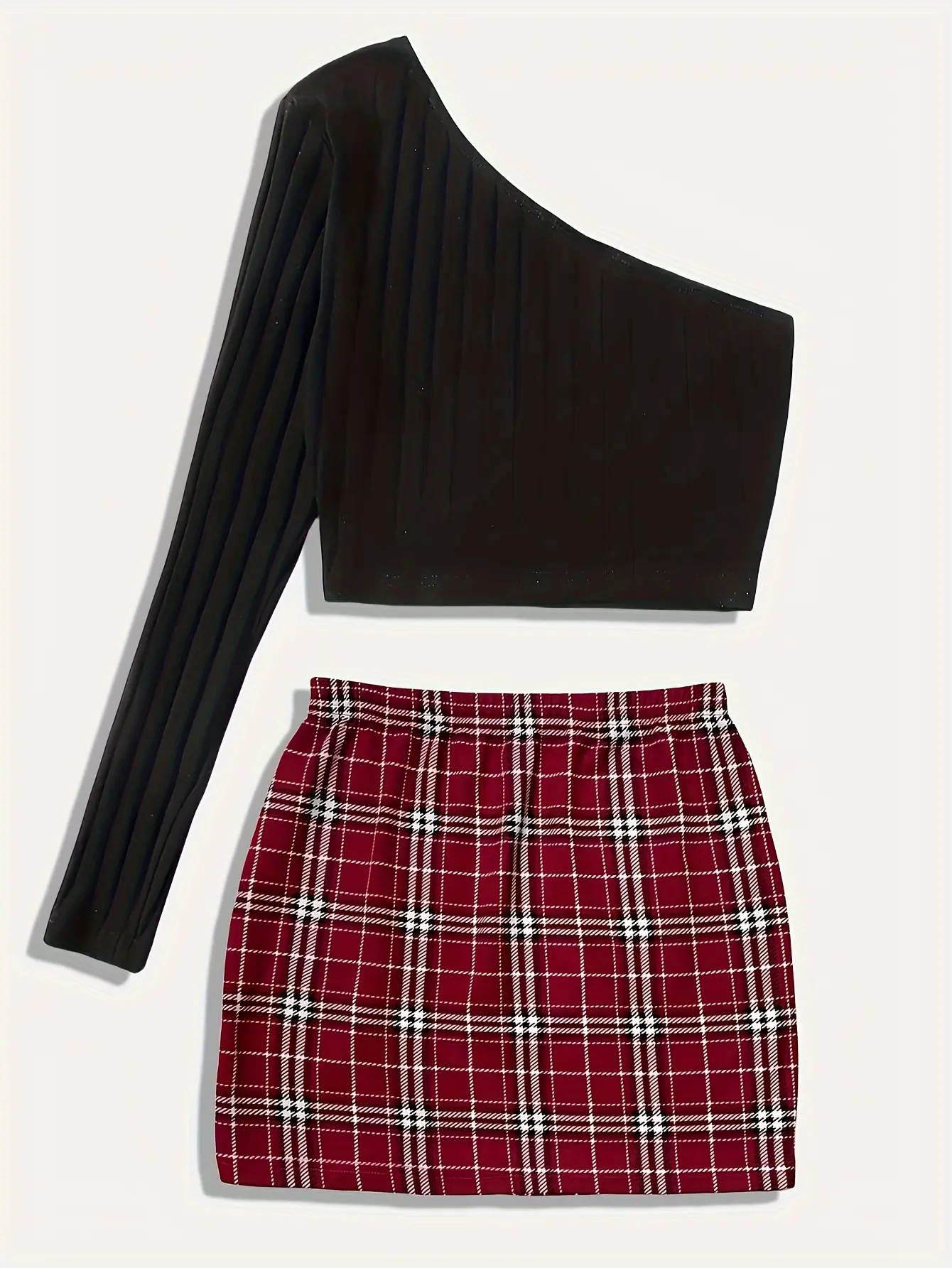 Elegant Slim Two-piece Skirt Set Crop Long Sleeve Cold Shoulder T shirt & Plaid Print High Waist Skirt Outfits women's clothin
