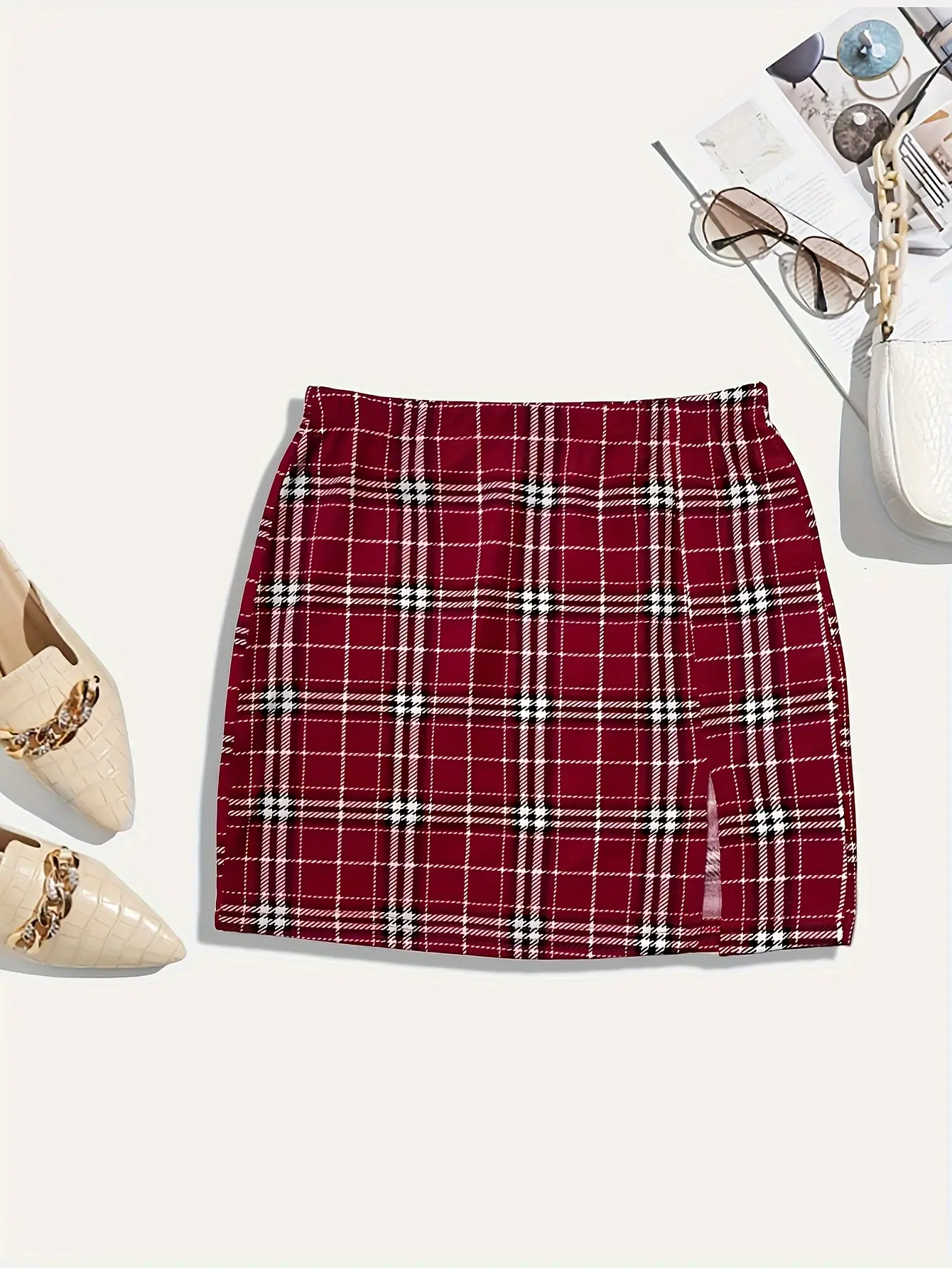 Elegant Slim Two-piece Skirt Set Crop Long Sleeve Cold Shoulder T shirt & Plaid Print High Waist Skirt Outfits women's clothin