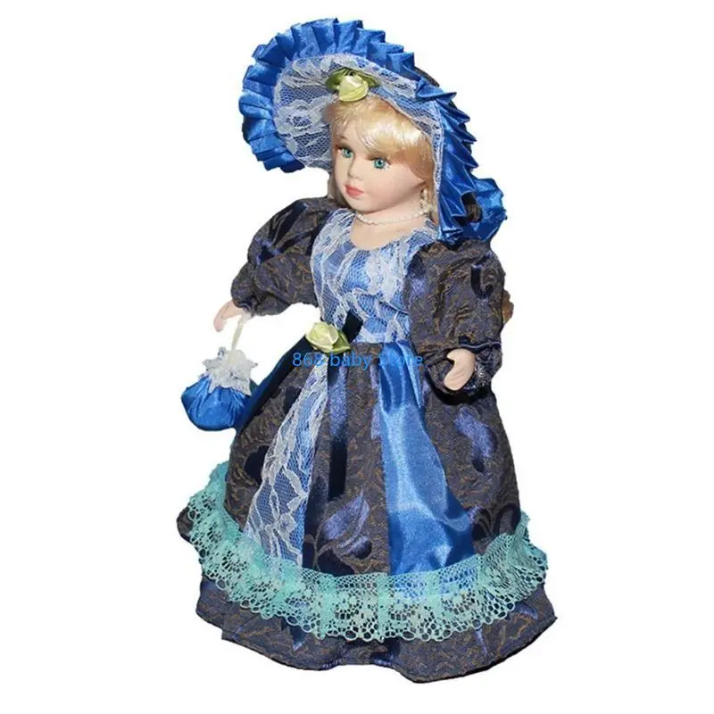 29EE Victorian Blonde Hair Girl Porcelain for Doll Blue Dress Wide Hat Collectible