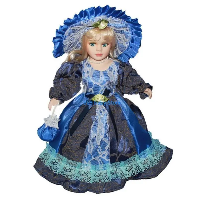29EE Victorian Blonde Hair Girl Porcelain for Doll Blue Dress Wide Hat Collectible
