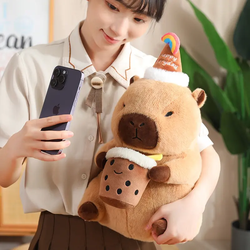 30/40cm Creative Kawaii Capybara Plush Doll Pillow Birthday Bubble Tea Flower Happy Capybara Plush Toy For Boys And Girls Gift