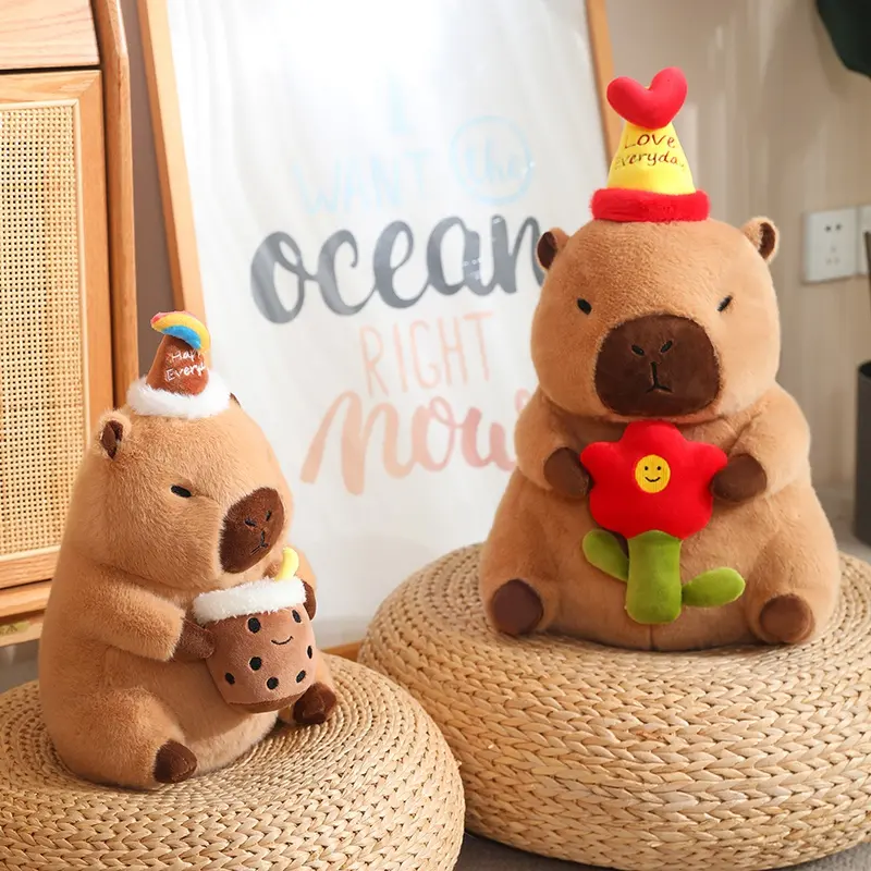 30/40cm Creative Kawaii Capybara Plush Doll Pillow Birthday Bubble Tea Flower Happy Capybara Plush Toy For Boys And Girls Gift