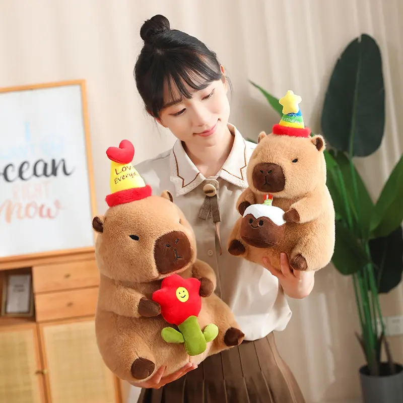 30/40cm Creative Kawaii Capybara Plush Doll Pillow Birthday Bubble Tea Flower Happy Capybara Plush Toy For Boys And Girls Gift