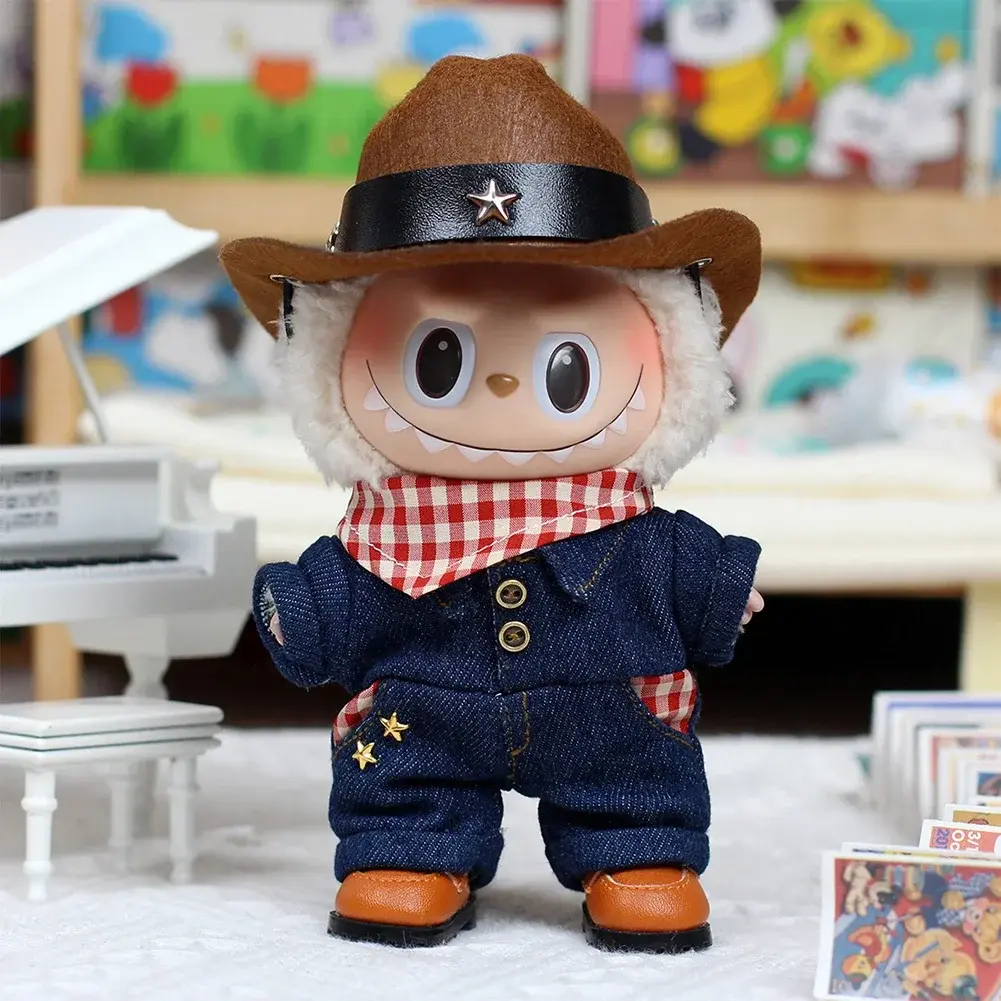 Stylish Fashion Mini Doll'S Clothes Outfit Accessories For Labubu doll Cute Western Cowboy Jumpsuit and Cowboy Hat Clothing Gift