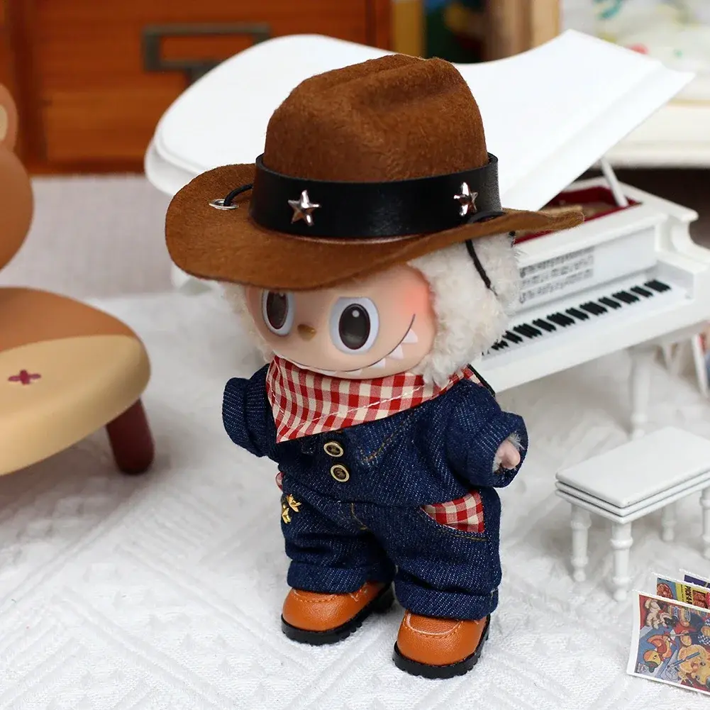 Stylish Fashion Mini Doll'S Clothes Outfit Accessories For Labubu doll Cute Western Cowboy Jumpsuit and Cowboy Hat Clothing Gift