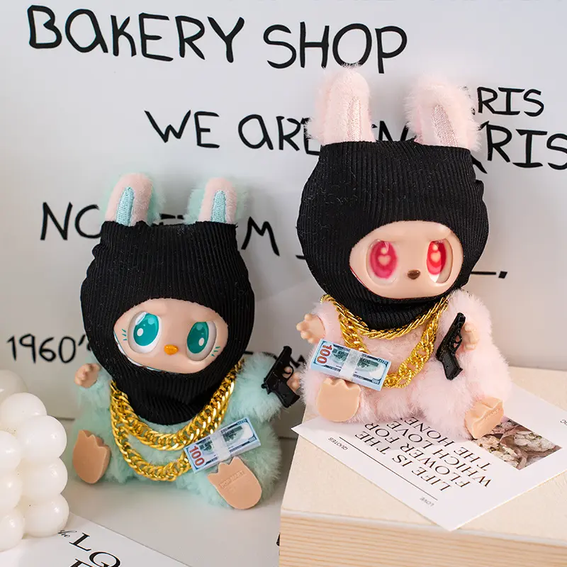 For Labubu Clothes Accessories Trendy Cool Cute Fun and Funny Style Black Knit Hat and Necklace Street Fashion Doll Accessories