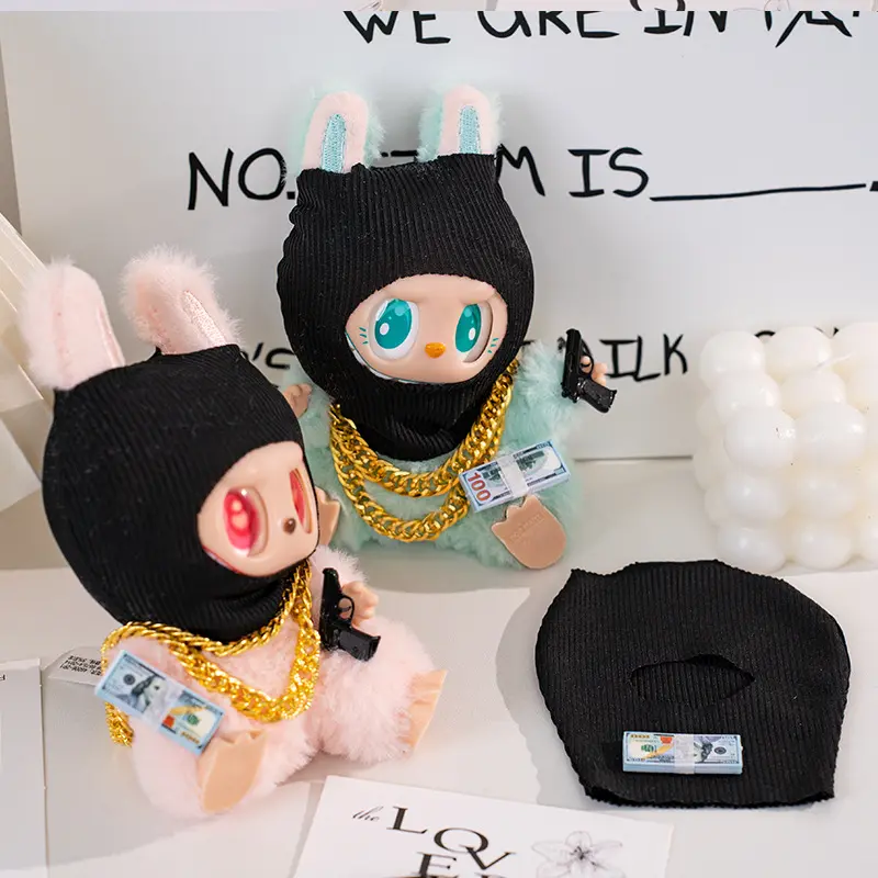 For Labubu Clothes Accessories Trendy Cool Cute Fun and Funny Style Black Knit Hat and Necklace Street Fashion Doll Accessories