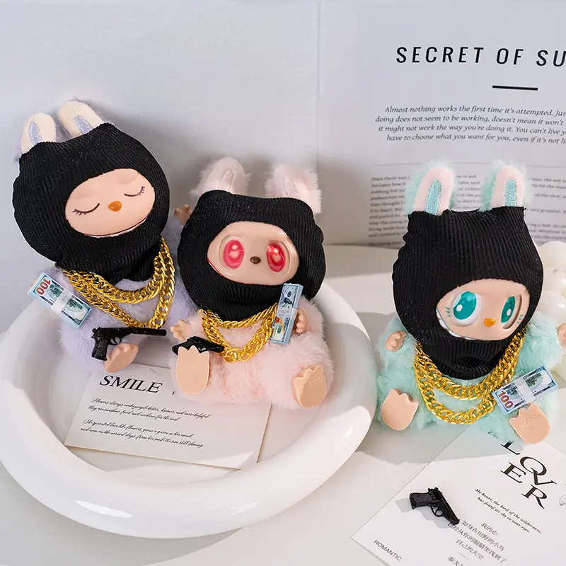 For Labubu Clothes Accessories Trendy Cool Cute Fun and Funny Style Black Knit Hat and Necklace Street Fashion Doll Accessories