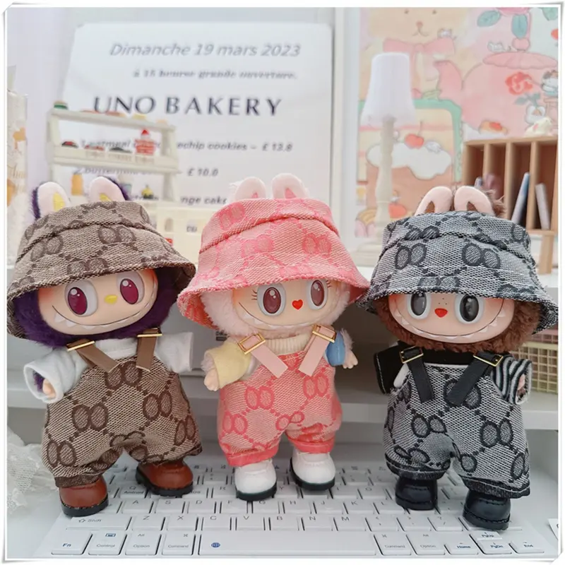 For 17cm Labubu Mini Doll Clothes Outfit Four-leaf Flowers Hat Overalls Clothes Loafer Shoes Doll Accessories Sitting Party