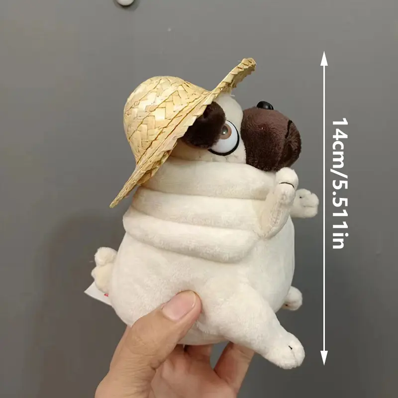 Straw Hat Pug Plush Keychain - Cute Stuffed Dog Charm for Beach Vacations, Summer Gift & Daily Bag/Car Decor
