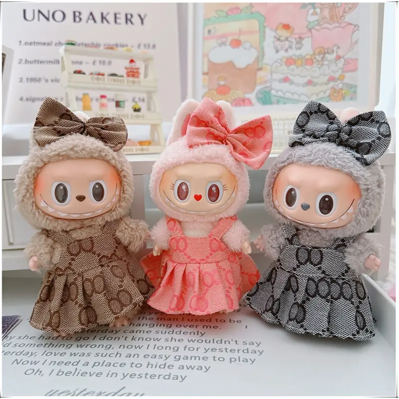For 17cm Labubu Mini Doll Clothes Outfit Four-leaf Flowers Hat Overalls Clothes Loafer Shoes Doll Accessories Sitting Party