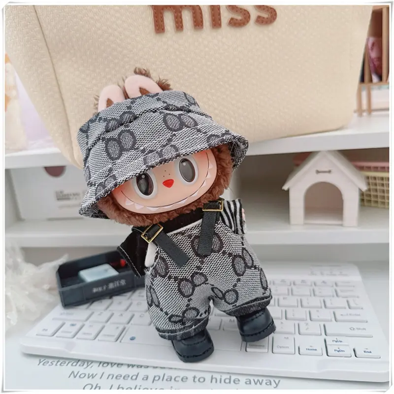 For 17cm Labubu Mini Doll Clothes Outfit Four-leaf Flowers Hat Overalls Clothes Loafer Shoes Doll Accessories Sitting Party
