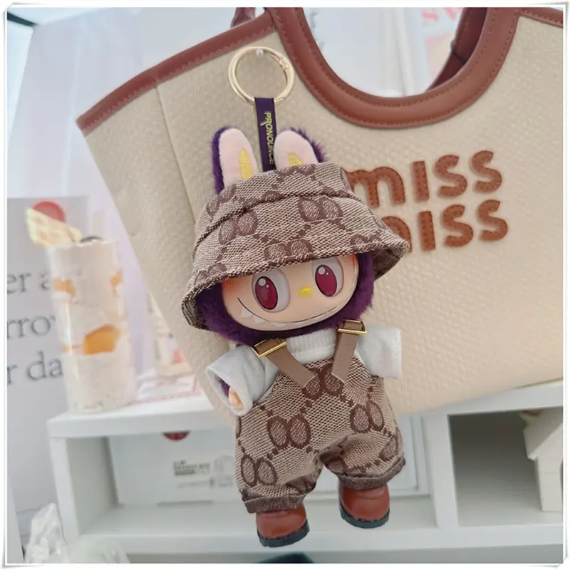 For 17cm Labubu Mini Doll Clothes Outfit Four-leaf Flowers Hat Overalls Clothes Loafer Shoes Doll Accessories Sitting Party