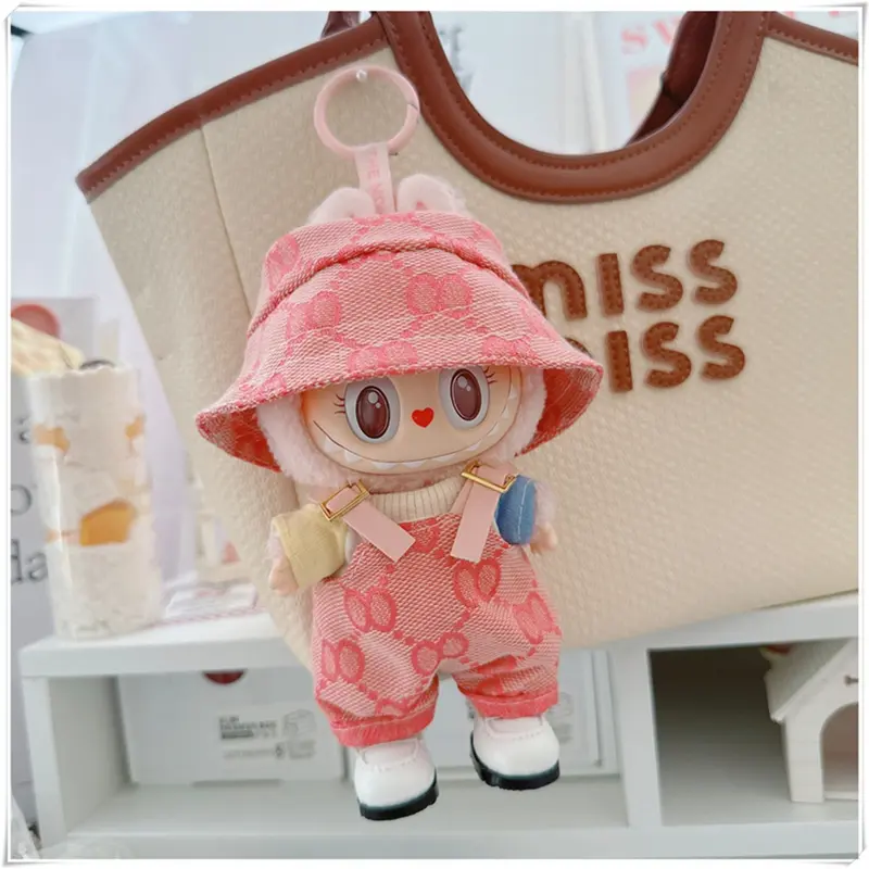 For 17cm Labubu Mini Doll Clothes Outfit Four-leaf Flowers Hat Overalls Clothes Loafer Shoes Doll Accessories Sitting Party