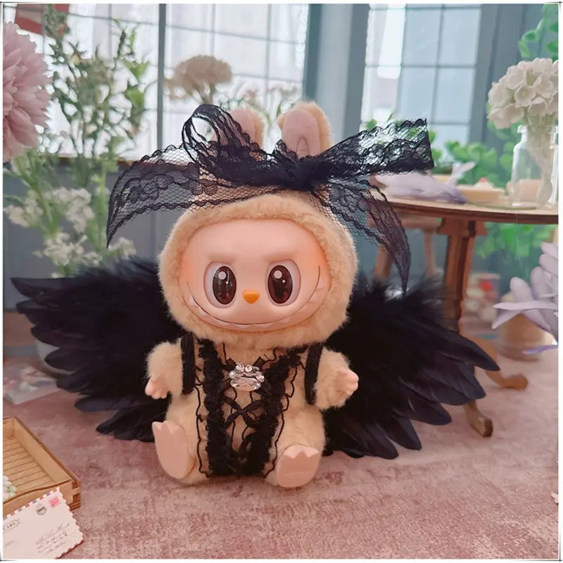 Labubu Clothes Fashion Fairy Style Labubu Clothes Pendant Black Cat Ear Headband Wings Lace Suit 15/17cm Plush Doll Universal