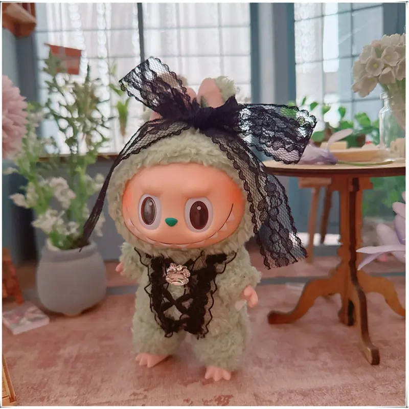 Labubu Clothes Fashion Fairy Style Labubu Clothes Pendant Black Cat Ear Headband Wings Lace Suit 15/17cm Plush Doll Universal