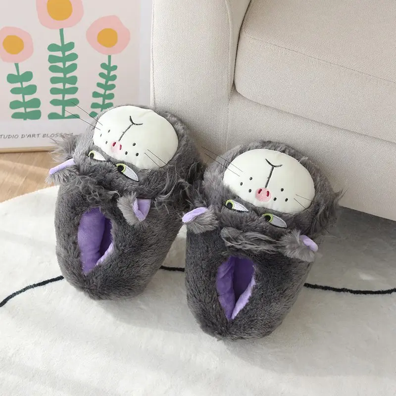 2023 New Winter Warm Soft Indoor Floor Slippers Women Men Children Long Plush Shoes Cat Lucifer Funny Animal Christmas Gifts