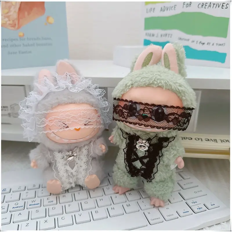 Labubu Clothes Fashion Fairy Style Labubu Clothes Pendant Black Cat Ear Headband Wings Lace Suit 15/17cm Plush Doll Universal