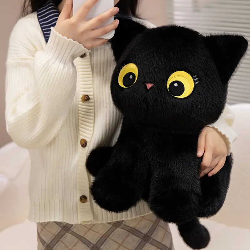 32cm-60cm Black Cat Plush Toy Soft Stuffed Sitting Cat Doll Cute Sleeping Cat Design Lovely Birthday Gift Idea for Cat Lovers