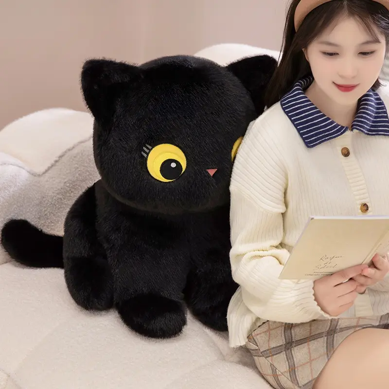 32cm-60cm Black Cat Plush Toy Soft Stuffed Sitting Cat Doll Cute Sleeping Cat Design Lovely Birthday Gift Idea for Cat Lovers