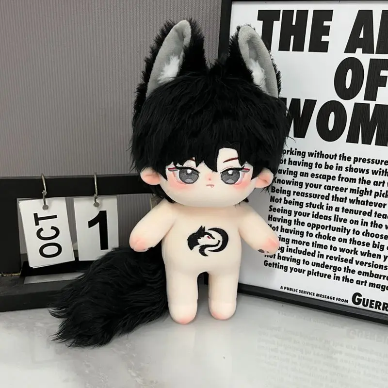 Kawaii Cotton Doll 20cm with Skeleton and No Attribute Male Doll with Animal Ears Big Tail Wolf Embroidery Doll Boy Gift