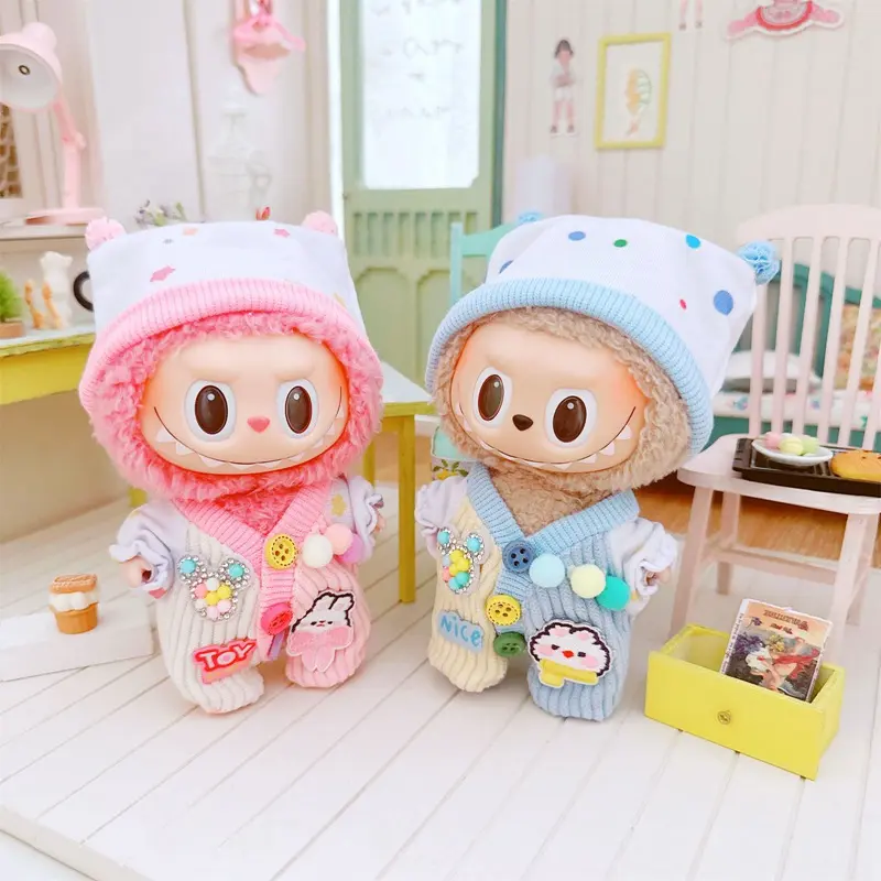 Doll Clothes for 17cm Labubu Dolls Toy Cute Mini Plush Doll's Outfit Accessories Student Outfit Pajamas Romper Fans Gift
