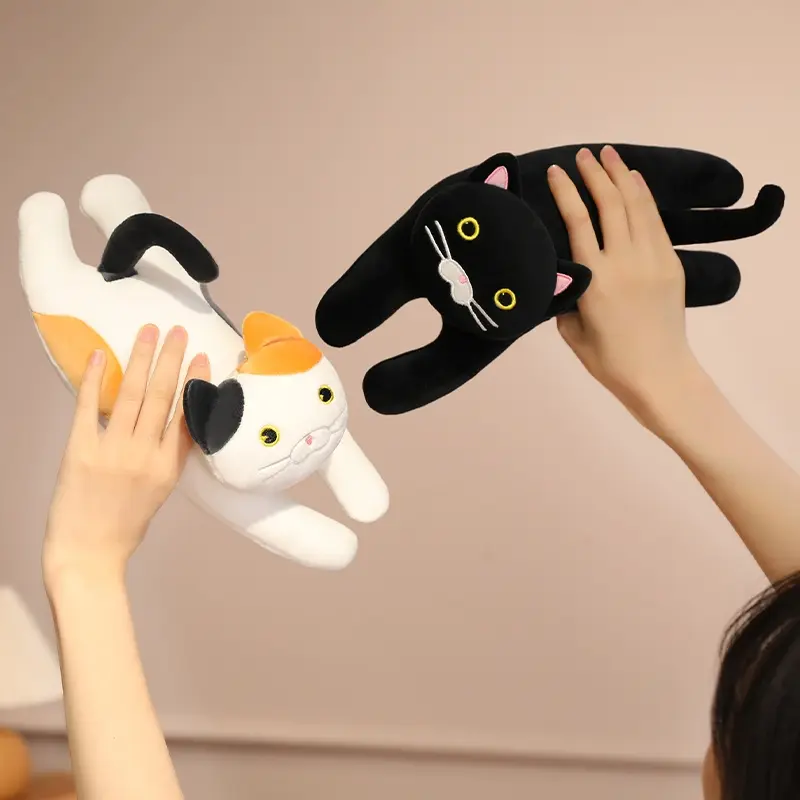 Cute Soft Lying Long Black/Gray Cat Plush Toys Pause Office Nap Pillow Bed Sleep Home Decoration Doll for Kids Girls Gift