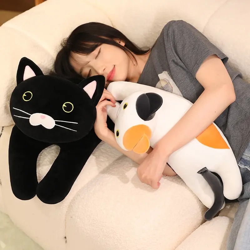 Cute Soft Lying Long Black/Gray Cat Plush Toys Pause Office Nap Pillow Bed Sleep Home Decoration Doll for Kids Girls Gift