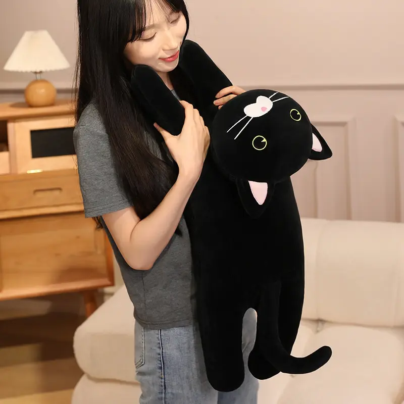 Cute Soft Lying Long Black/Gray Cat Plush Toys Pause Office Nap Pillow Bed Sleep Home Decoration Doll for Kids Girls Gift