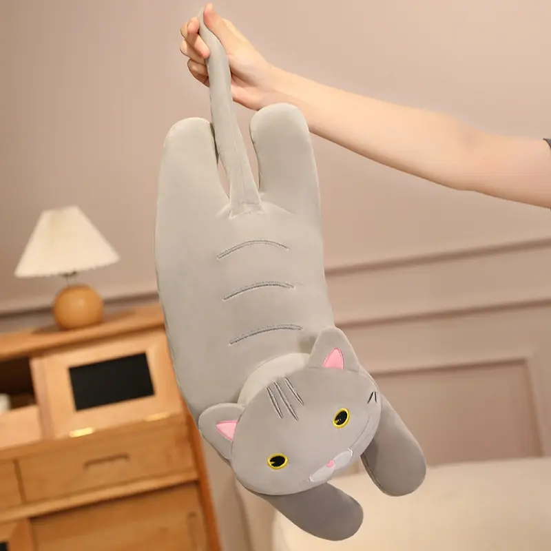 Cute Soft Lying Long Black/Gray Cat Plush Toys Pause Office Nap Pillow Bed Sleep Home Decoration Doll for Kids Girls Gift