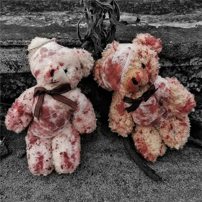 13cm Halloween Bloody Plush Bear Keychain Creative Punk Injured Animal Doll Keyring for Bag Pendants Novelty Stuffed Toys Gifts
