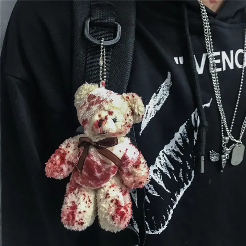 13cm Halloween Bloody Plush Bear Keychain Creative Punk Injured Animal Doll Keyring for Bag Pendants Novelty Stuffed Toys Gifts