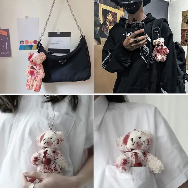 13cm Halloween Bloody Plush Bear Keychain Creative Punk Injured Animal Doll Keyring for Bag Pendants Novelty Stuffed Toys Gifts