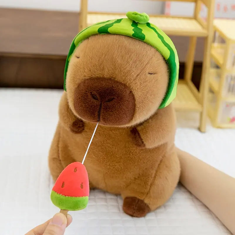 23/30cm Lovely Watermelon Capybara Plush Toy Stretchable Fluffy Capybara Doll Brown Animal Capybara Stuffed Doll Friends Gift