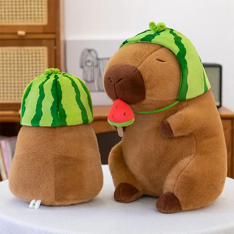 30cm Lovely Watermelon Capybara Plush Toy Stretchable Fluffy Capybara Doll Brown Animal Capybara Stuffed Doll Friends Gift