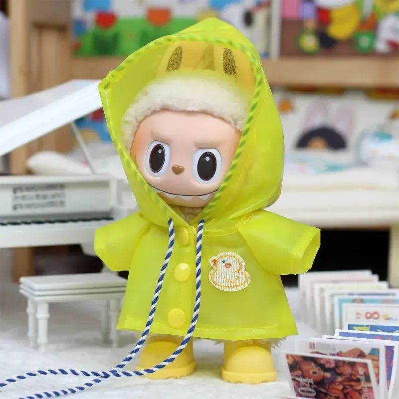 15-17cm labubu raincoat rain boots heart-shaped macaron clothes hooded cape raincoat doll set accessories (clothes only)
